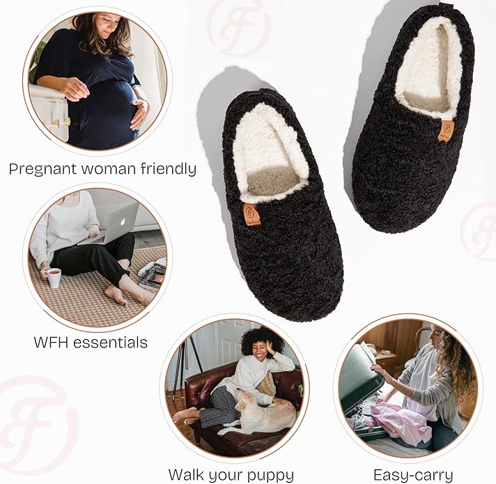 EverFoams Women’s Soft Curly Full Slippers Memory Foam Lightweight House Shoes Cozy Loafer with Polar Fleece Lining