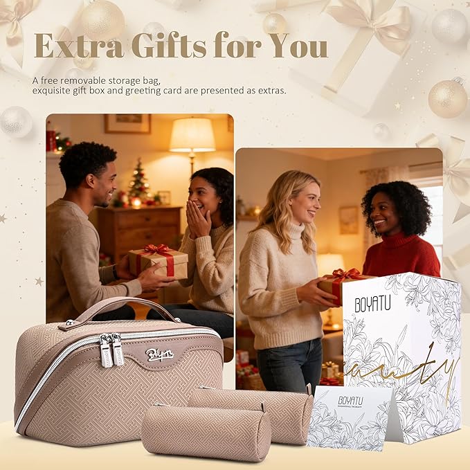 BOYATU Travel Makeup Bags for Women: Vintage Roman Column Texture Large Capacity Cosmetic Bag - Each Journey, Quiet Luxury Serenity - 3 Pcs Set Organizer Toiletry Purse 50% Extra Storage(Beige)