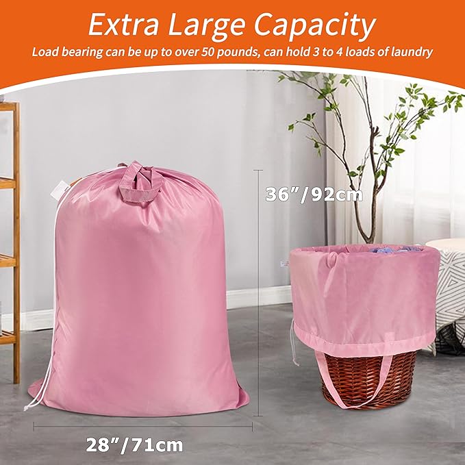 Polecasa Extra Heavy-Duty Laundry Bag 28x36”- Machine Washable Large Storage Bag with Reinforced Handles & Drawstring Closure & ID Tag for College Dorm Travel - Pink
