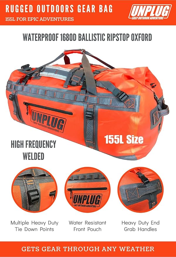 UNPLUG Ultimate Adventure | 1680D Heavy Duty Waterproof Bag | Large Travel Bag which can be Used for Camping, Motorcycling, Boating, or Hunting|155L Adventure Orange