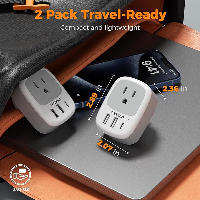 2 Pack New Zealand Power Adapter, TESSAN US to Australia Plug Adapter with 1 Electrical Outlet 3 USB Ports (1 USB C), Type I Travel Outlet Adaptor for USA to Australian Argentina China Fiji AU