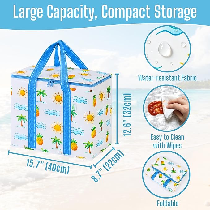 VENO 2 Pack Insulated Cooler Bag, Reusable Grocery Shopping Bag for Food Delivery, Heavy Duty, Large Size, Durable Handles, Double Zippers, Lid, Collapsible (Tropical Island, 2 Pack)