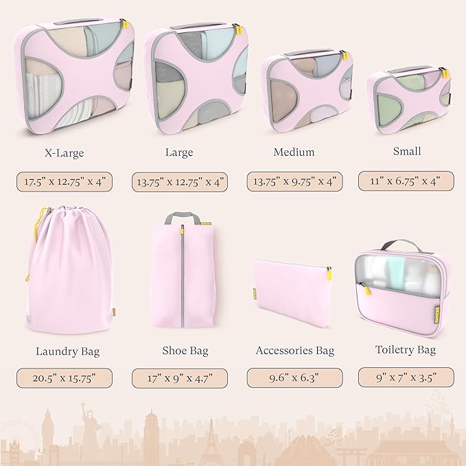 Shacke 8 Set Packing Cubes for Travel – Complete Luggage Organizer Set with Laundry, Shoe, Toiletry & Accessories Bag, Suitcase Travel Organizer (Petal Pink)