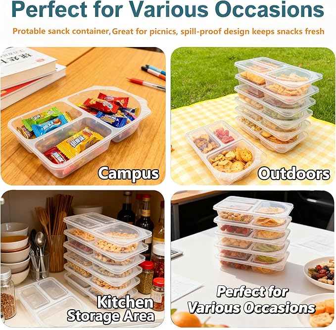 3 Compartment Snack Containers with Lids & 9oz Meal Prep Containers, Reusable Snack Pack Containers, BPA-Free Leakproof Small Food Storage, Perfect for Work, Travel & On-the-Go (10 Sets)