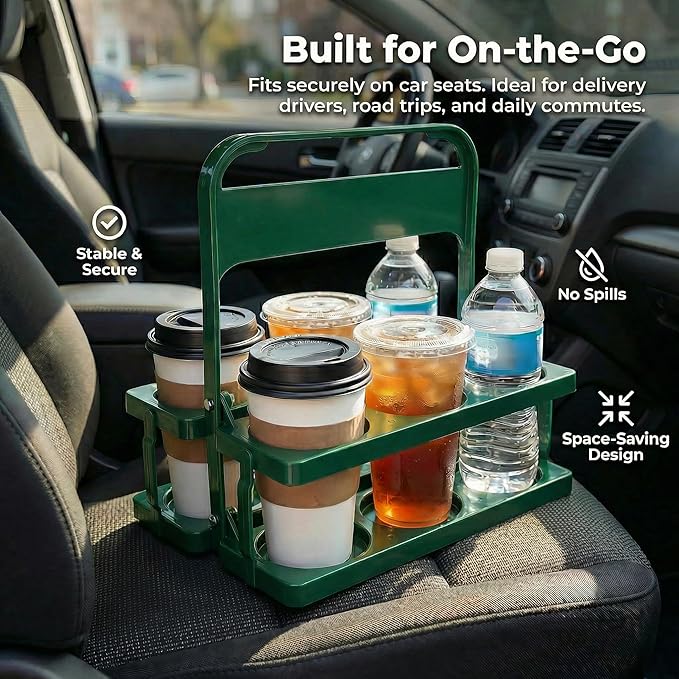 6 Cup Drink Carrier for Delivery - Foldable Drink Holder with Handle, Reusable Cup Carrier for Drinks, Portable Beverage Caddy Accessories for Parties, Camping, Car, Coffee & Bottles (Green)