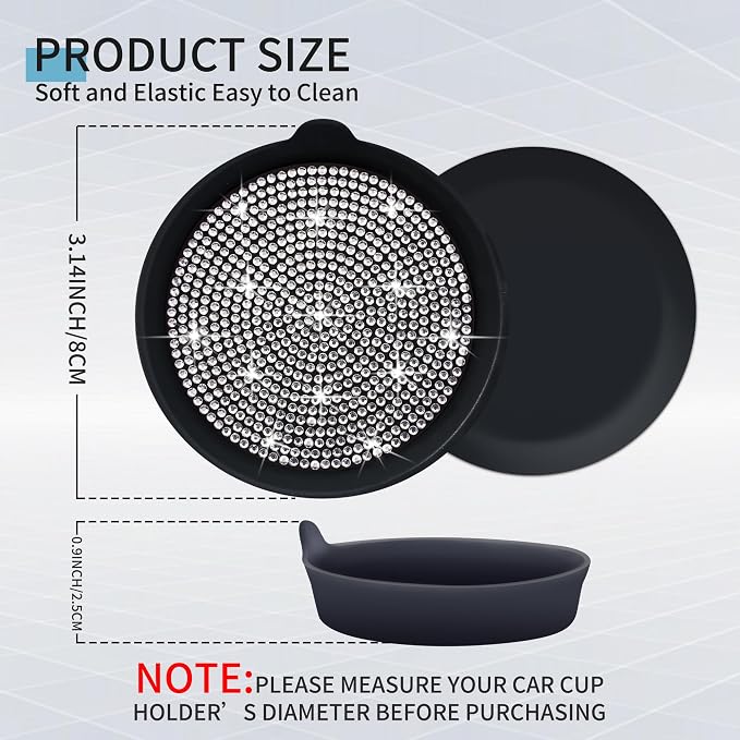 Amooca Car Cup Coaster Universal Non-Slip Cup Holders Bling Crystal Rhinestone Car Interior Accessories 2 Pack Black Whole Rhinestone