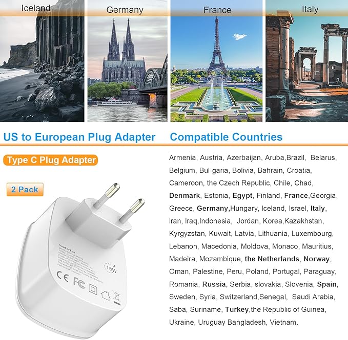 European Plug Adapter Type C International Power Adaptor Travel Cruise Essentials with USB Outlet 2 Pack, European to US Plug Adapter Converter Charger Block Multiple Ports