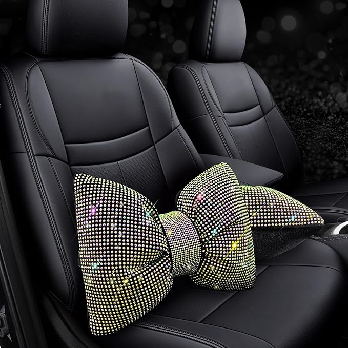 4 PCS Bling Car Pillows,Rhinestones Bowknot Car Headrest Pillow,Car Neck Pillow for Driver Relax Necksupport,Sleeping Travel Support Neck Pillow,Shiny Diamond Interior Accessories for Women,colorful