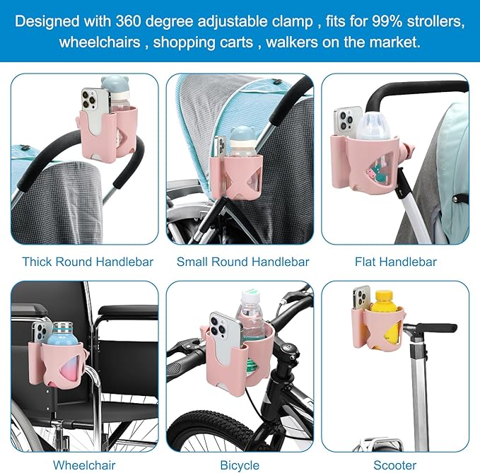 Accmor Stroller Cup Holder with Phone Holder, Universal Cup Holder for Walker Wheelchair Bike, 360° Rotatable Stroller Cup Holder Attachment Accessories for Walker, Wheelchair, Scooter
