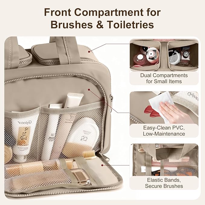 Travel Makeup Bag, Portable Travel Bag with Hanging Hook for Women, Waterproof and Hanging Toiletry Bags Travel Organizer Accessories for Travel Essentials,Brown