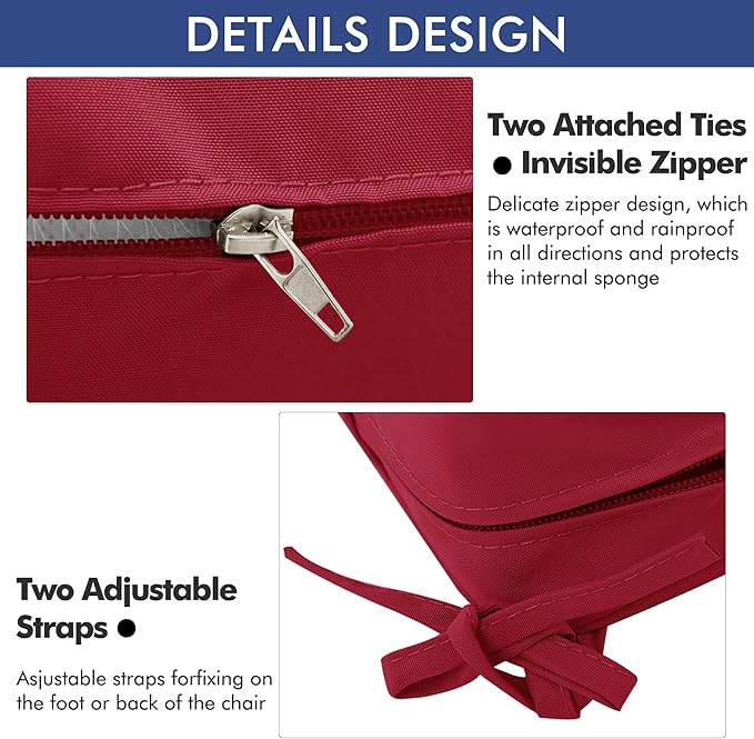 Outdoor Chair Cushions 16 x 17 Inch, Set of 6, Water Resistant Patio Chair Cushions with Tie 3 Year Color Fastness Thick Outdoor Seat Cushion for Garden Lawn Patio Furniture Burgundy