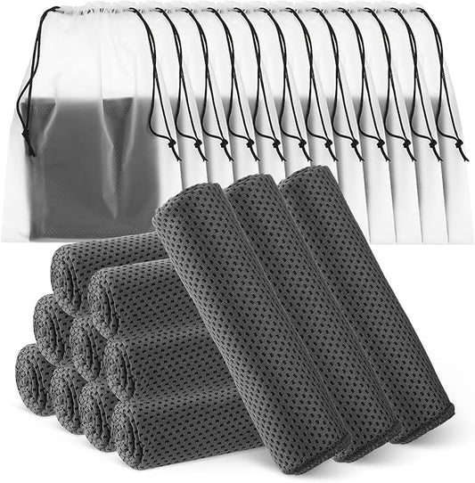 Hosuly 12 Pcs Cooling Towels for Face and Neck 12 x 40 Inch Workout Towels for Gym Fast Drying Hot Weather Sweat Rag Cold Cooling Cloth with 12 Bags Athletes Sport Yoga Golf(Dark Gray)