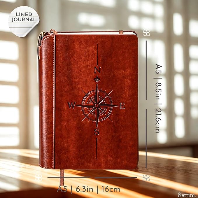 SETTINI® Lined Journal - Compass Journal for Writing Gift Set - Hardcover Vegan Leather, Includes Luxury Pen in a Unique Pen Holder, 192 Pages, A5, Fathers Day Gift, Journal for Men & Women