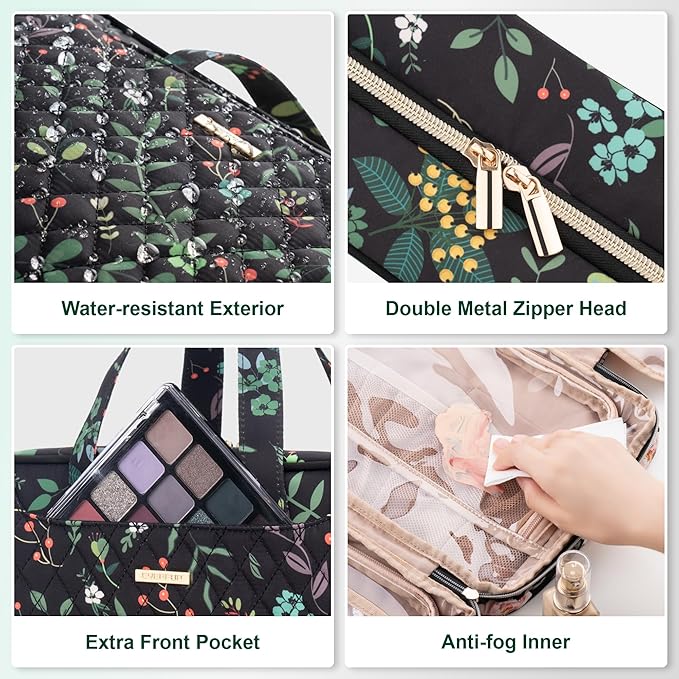 Everfun Travel Toiletry Bag with Hanging Hook and Leakproof Wet/Dry Compartments, Large Capacity Makeup Cosmetic Organizer for Women, 12x9x4.5 Inch, Black Leaves