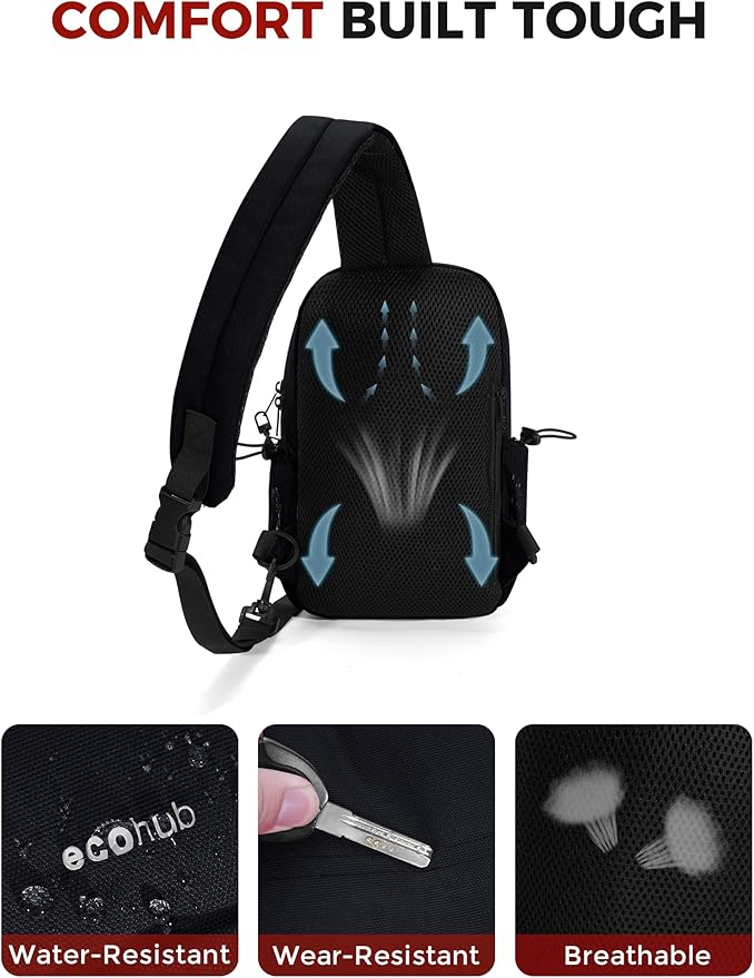 ECOHUB Crossbody Bags for Women Men, Anti-Theft RFID Blocking Sling Backpack Water Resistant Chest Shoulder Daypack, Black