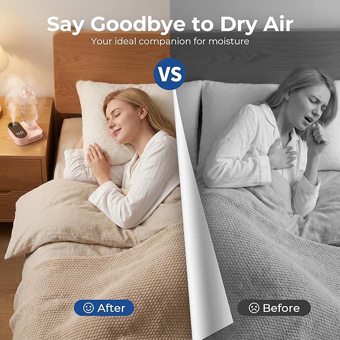 Travel Humidifier, Portable Mini Cool Mist Humidifier, Small Bottle Humidifier with Auto Shut-Off, Night Light, USB Rechargeable, for Bedroom, Office, Hotel, Car and Plants, Pink