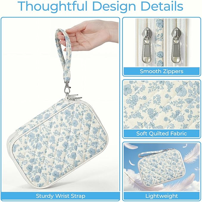 Quilted Travel Cable Organizer Pouch, Portable Electronic Accessories Carry Case, Double Layer All-in-One Storage Bag for Chargers, Cords, Phone, Gadgets (Blue Floral)
