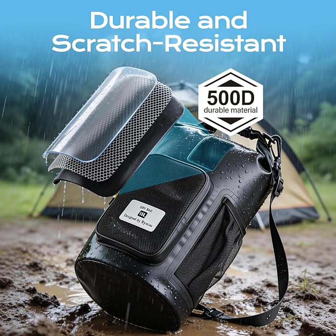 20L Waterproof Dry Bag with Bottle Holder & Mesh Pocket, 500D PVC Tarpaulin Roll Top Dry Sack with Inner Waterproof Adsorption Film, Large Dry Storage Bag for Kayaking, Camping, Beach, Boating