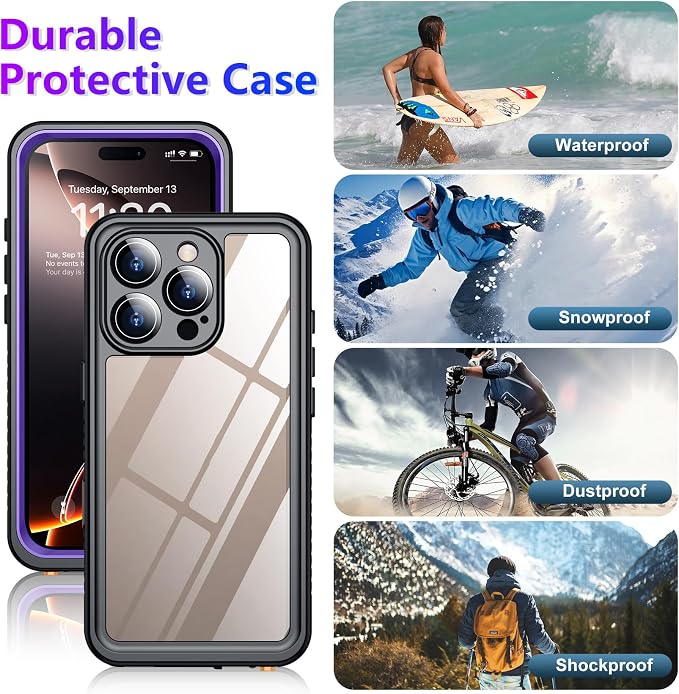 Compatible with iPhone 16 Pro Max Case Waterproof, Built-in Screen & Camera Protector IP68 Underwater Full Body 16FT Military Dropproof Shockproof Phone Case 6.9"-Purple/Clear