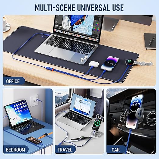 Travel Essentials 3 in 2 Multi Charging Cable 100W USB A/C to Dual USB C/for Apple Watch Charging Cable Silicone Fast Charge Compatible with iPhone 17-15 Series iPad MacBook, Type-C Devices 5FT-Blue