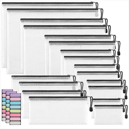 JARLINK 18 Pack 8 Sizes Mesh Pouch, Waterproof Zipper File Bags Document Multipurpose Travel Bags for Office, School, Board Game, Puzzles, Cosmetics, Travel Accessories, and Home Organize, Black