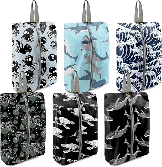 BeeGreen Ocean Shoe Bags 6 Pack for Travel with Handle as Packing Organizers for Suitcase and Luggage | Portable Nylon Storage Accessories for Vacations,Gym,Sport,Essential Gifts for Women and Men