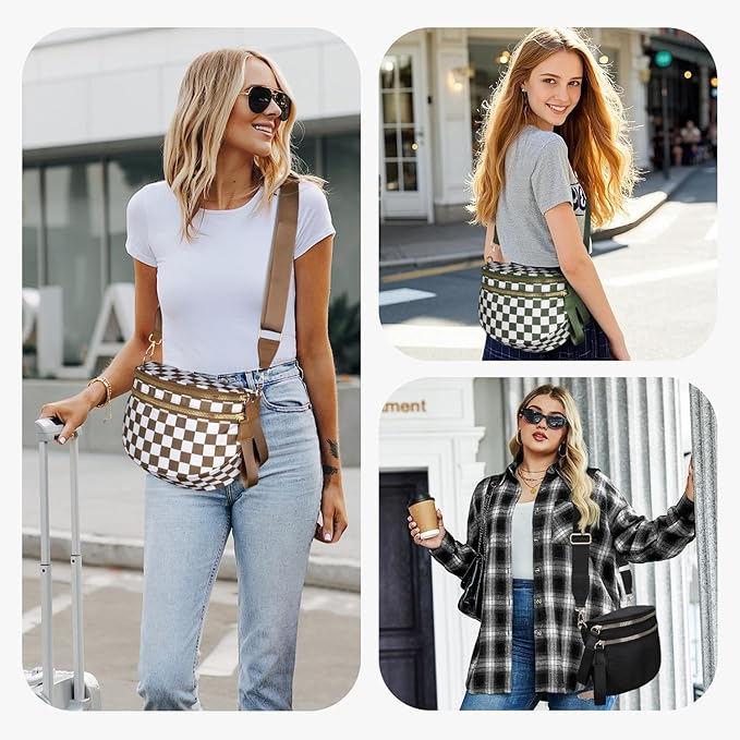 Spacious Nylon Checkered Crossbody Bum Bag for Women, Fashion Checkerboard Fanny Pack Purse with Anti-theft Pocket, Adjustable Wider Strap Wasit Bag