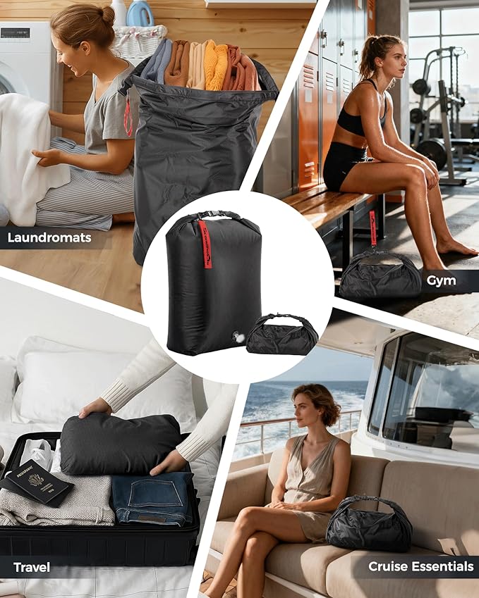 Travel Compression Laundry Bag, Pump-Free Vacuum Space Saver Bag for Dirty Clothes, Reusable Waterproof Wet Dry Bag, Travel Laundry Bag for Luggage, Packing, Suitcase (1 Pcs)（Black, L)