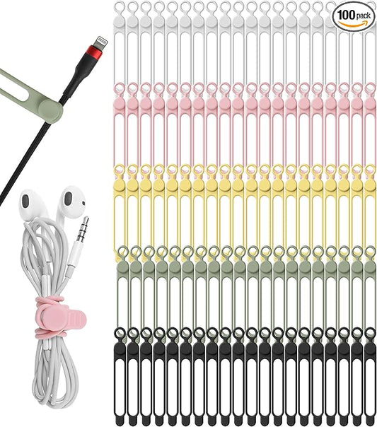 100Pcs Silicone Cable Ties Cord Organizer for Bundling Earphone, Phone Charger, Computer Cords, Reusable Cable Ties Wire Organizer in Home,Office,Kitchen,School (5 Colors)