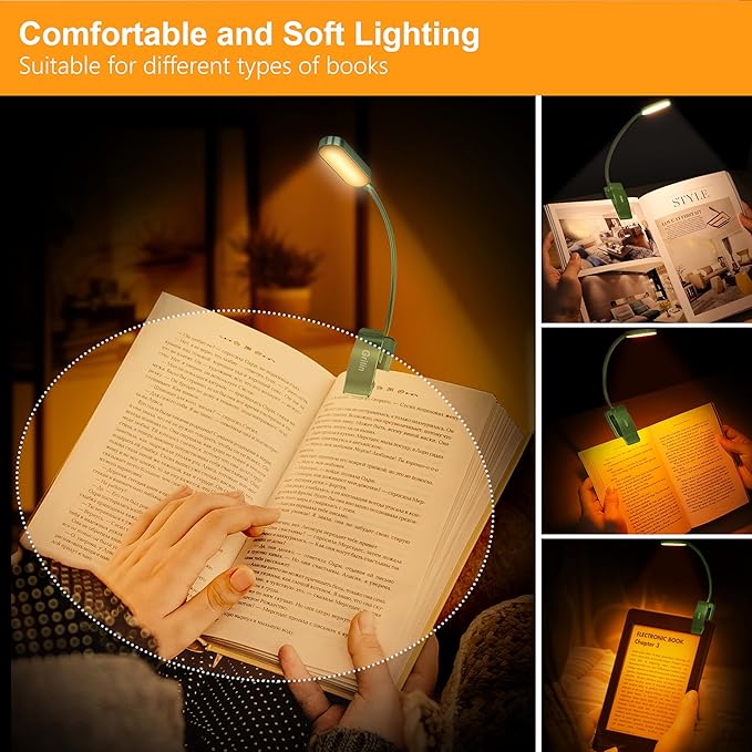 Gritin 16 LED Rechargeable Book Light for Reading in Bed- Eye Caring 3 Color Temperatures, Stepless Dimming Brightness, 80 Hrs Runtime, Lightweight Flexible Clip on Light for Book Lovers-Dark Green