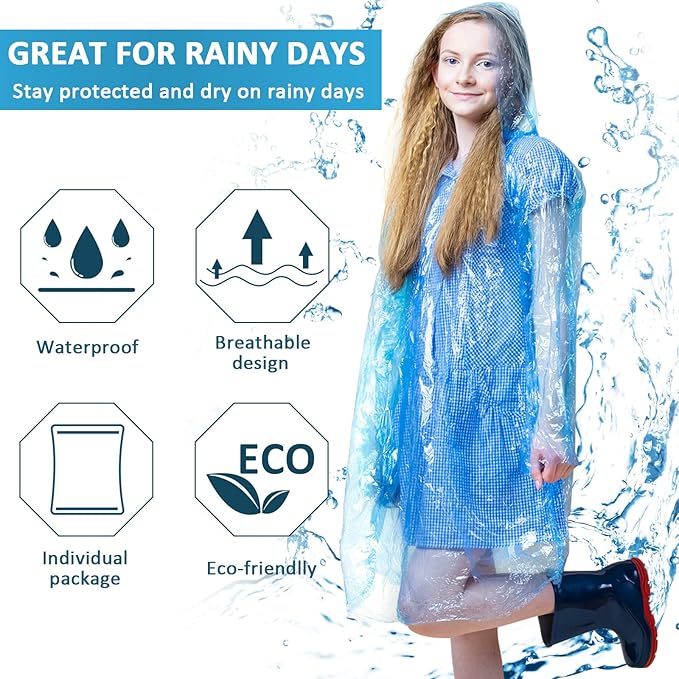 Foaincore 100 Packs Disposable Rain Ponchos Adults Emergency Waterproof Rain Coat with Hood Disposable Ponchos Raincoat for Camping, Hiking, Sport or Outdoors