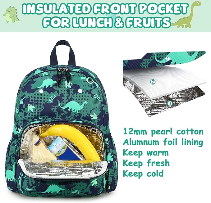 BTOOP Kids Backpack for Boys Girls 3-6, Preschool Kindergarten Backpack with Insulated Lunch Compartment & Chest Strap, Cute Dinosaur Lightweight School Travel Bag Fits A4 Folder