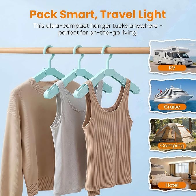 Foldable Travel Hangers with Clips 5 Pack Adjustable Collapsible Cruise Essentials 2026 - Portable Space Saving Travel Must Haves for Hotel Cruise Ship RV Dorm Room with 10 Non-Slip Clips & Shoe Hooks