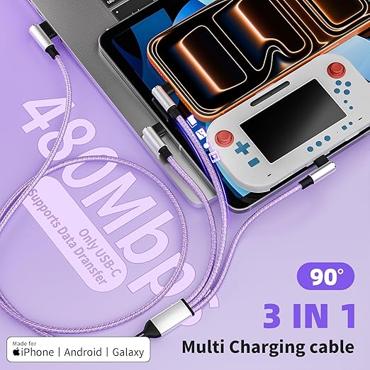Gamer-Friendly & Travel Essentials 90 Degree Multi Charging Cable [2Pack 5FT], Right Angle 3 in 1 Charging Cable with USB-A to USB C/IP/Micro USB, Compatible with iPhone, Galaxy, Huawei, iPad and More