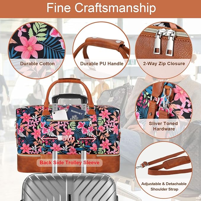 ITIEZY Weekender Overnight Bag for Women - Large Travel Duffel Bag with Shoe Compartment, Gym Duffel Bag Hospital Bag Carry On Tote Bags for Airplanes with Crossbody Bag Toiletry Bag 3Pcs Set