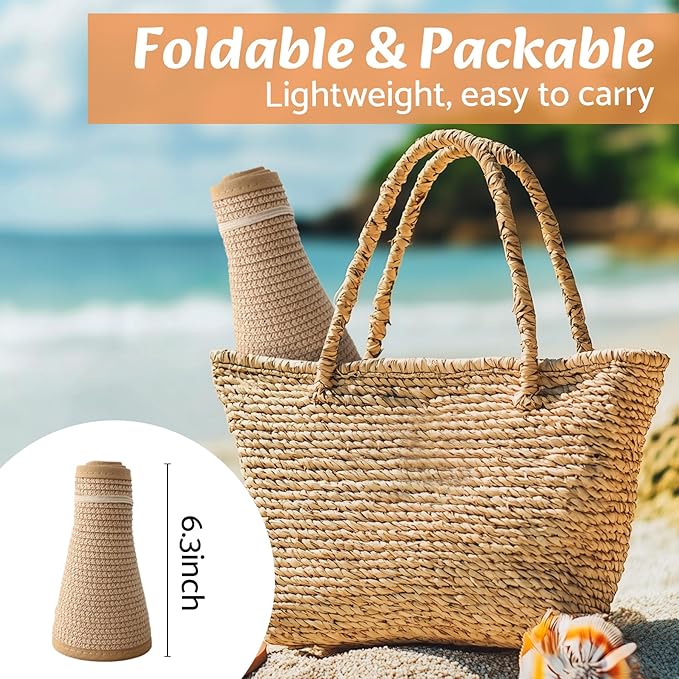 NPQQUAN Sun Visor Hats for Women Wide Brim Ponytail Straw Beach Hat Packable Foldable UPF 50+ Floppy Travel Hats