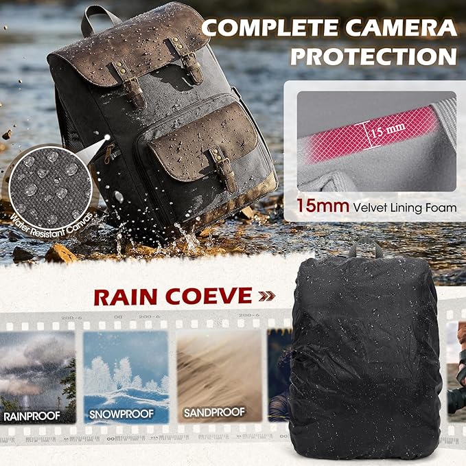 RAINSMORE Camera Bag Professional for DSLR/SLR Mirrorless Waterproof 15.6 Inch Laptop Photography Backpack with Side Access Rain Cover Tripod Holder Large Anti-Theft Camera Backpacks for Photographers