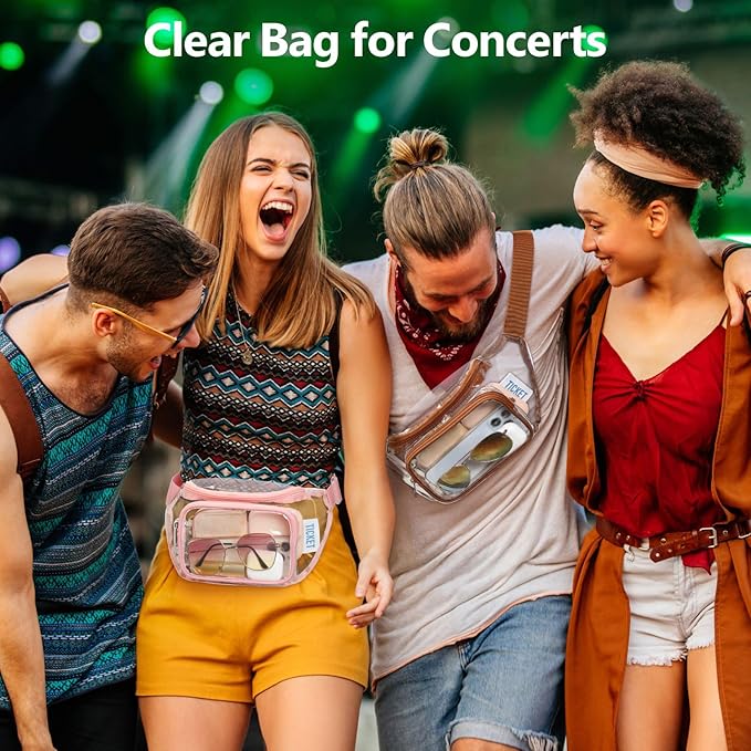 Veckle Clear Fanny Pack Stadium Approved - Adjustable 33-47 Inch Strap, Transparent Belt Bag for Women Men Fits 7.5-inch Smartphone, Waist Bag Clear Bag for Stadium Events, Sport, Concerts, Brown