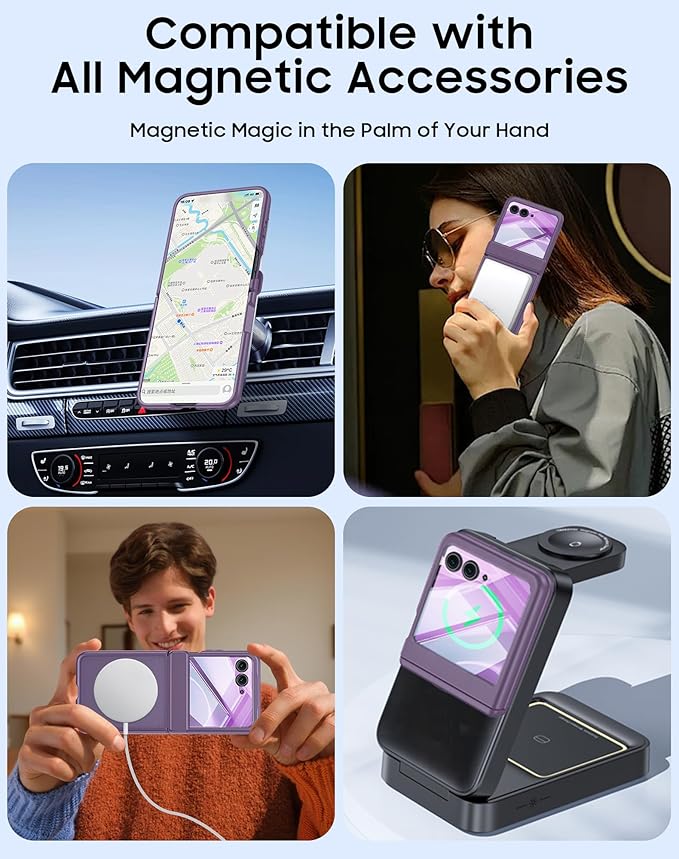 Magnetic for Motorola Razr 2025 Case/Razr 2024 Case,Hinge Protection, Screen Protector, Compatible with MagSafe, Translucent Frosted, Shockproof Slim Cover for Razr 2025/2024 -Purple
