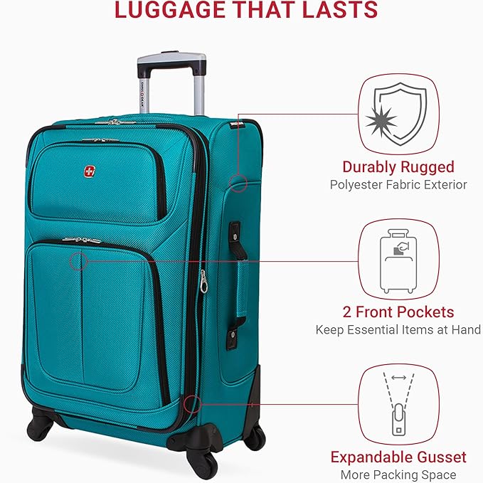 SWISSGEAR Sion Softside Expandable Spinner Luggage Durable Lightweight Travel Suitcase, Teal, Checked-Medium
