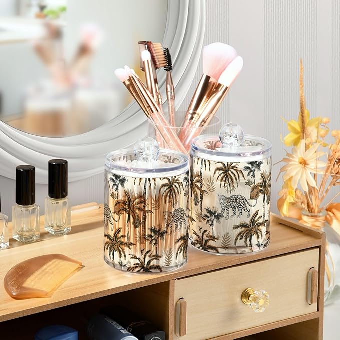 2 Pack Qtip Holder Organizer Dispenser Leopard Palm Trees Bathroom Storage Canister Cotton Ball Holder Container for Cotton Pads/Swabs/Floss