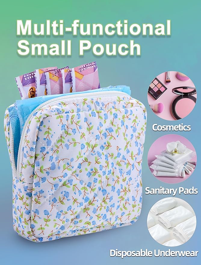 Period Bag for Girls, Quilted Period Pouch for Women, Floral Sanitary Napkin Storage Bag Menstrual Pad Pouches Tampon Holder for Purse Pad Bag Gifts for Teen Girls(Blue)