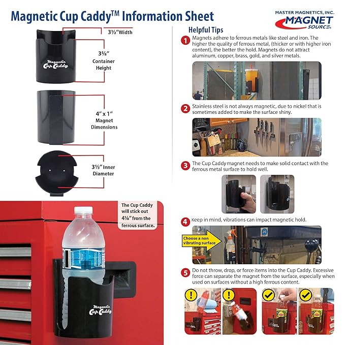 Master Magnetics Magnetic Cup Holder - Caddy for Bottles, Glasses, and Cans - Fits on Fridge, Lawnmower, Forklift, Cart, or Ladder - Heavy-Duty Magnet, (Pack of 6)