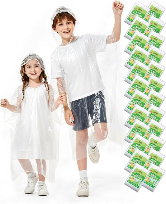 Hitituto Rain Ponchos Family Pack Kids– 6/12/24 Pack Disposable Poncho with Hood, Clear & Assorted Colors, Home Survival Kits