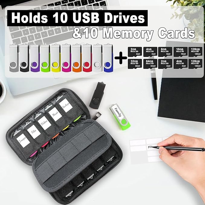 USB Flash Drive Case 20 Slots with Labels TATMOHIK USB Storage Case Thumb Drive Holder case USB Organizer Storage Bag Electronic Accessories Organizer for 10 Memory Cards and 10 USB Memory Sticks