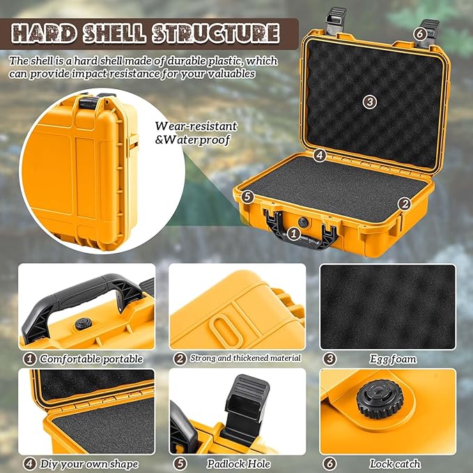 Relaxweex 1 Pcs Waterproof Hard Case with DIY Customizable Foam Insert Portable Protective Case with Knife for Camera Drones Equipments Tools Test Instruments(Yellow,8.5 x 6.5 x 3.7 Inch)