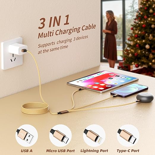 USB Multi Charging Cable for All Devices, Nylon 3 in 1 Multiple Charger Cable Charger with Multiple Connectors, USB A to USB C/Micro/IP USB Cable for iPhone 17-8 Pro Max/Android/iPad, 2Pack 4FT
