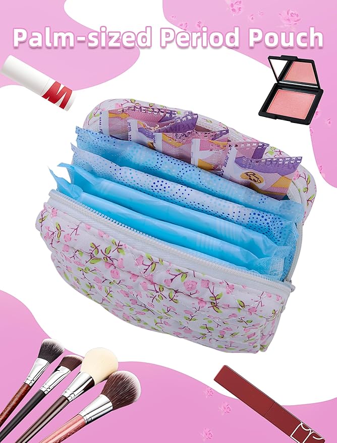 Period Bag for Girls, Quilted Period Pouch for Women, Floral Sanitary Napkin Storage Bag Menstrual Pad Pouches Tampon Holder for Purse Pad Bag Gifts for Teen Girls(Pink)