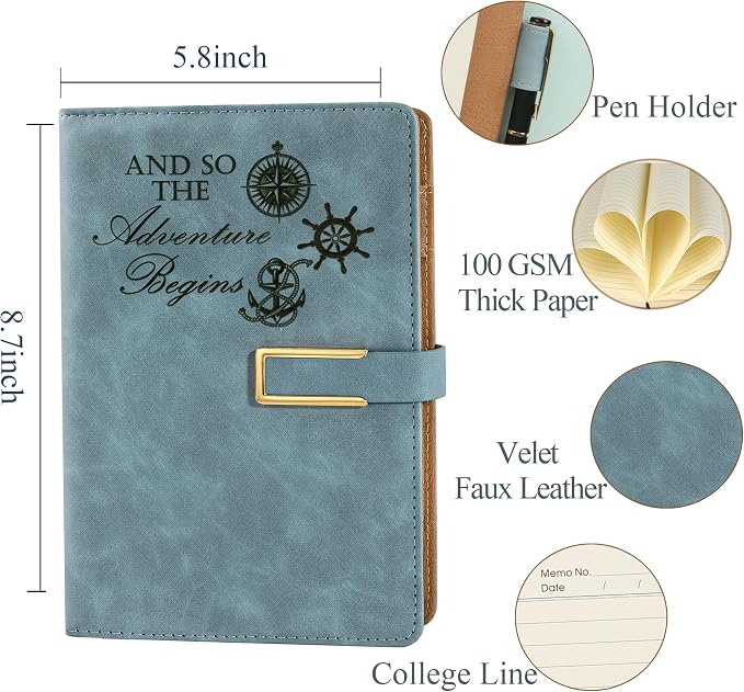 Fanery Sue Refillable Adventure Travel Journal For Women & Men Faux Leather Hardcover A5 Travel Notebook College Ruled 200 Lined Pages Lay-Flat Diary With Pen & Magnetic Buckle(Adventure - Light Blue)