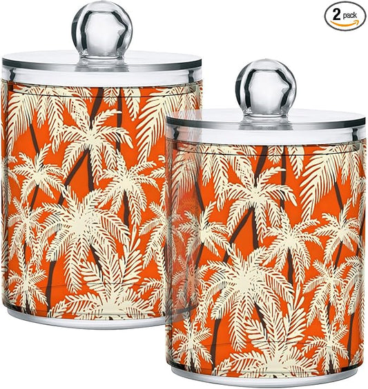2 Pack Qtip Holder Organizer Dispenser Palm Trees Orange Color Bathroom Storage Canister Cotton Ball Holder Container for Cotton Pads/Swabs/Floss